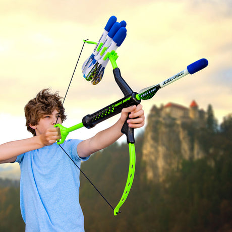 Child holding a Faux Bow 4.0 - Lizardite Black/Lime with a scenic background.