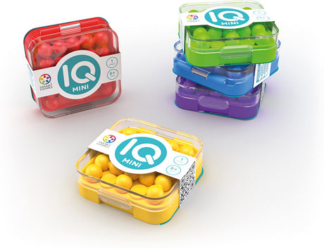 Colorful containers of IQ MINI Puzzle Game on a white background