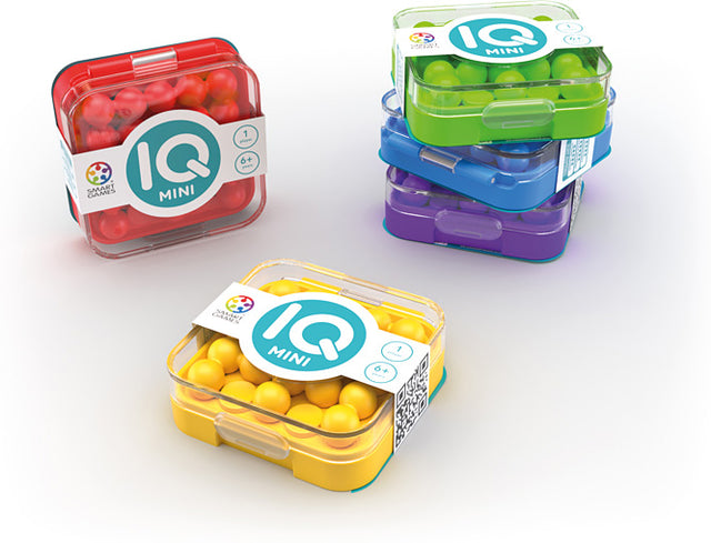 Colorful containers of IQ MINI Puzzle Game on a white background