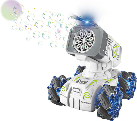 Toy Bubble Blitz RC robot with bubble-making feature on a white background