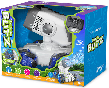 Boxed toy bubble machine with remote control, featuring 'Bubble Blitz' branding.