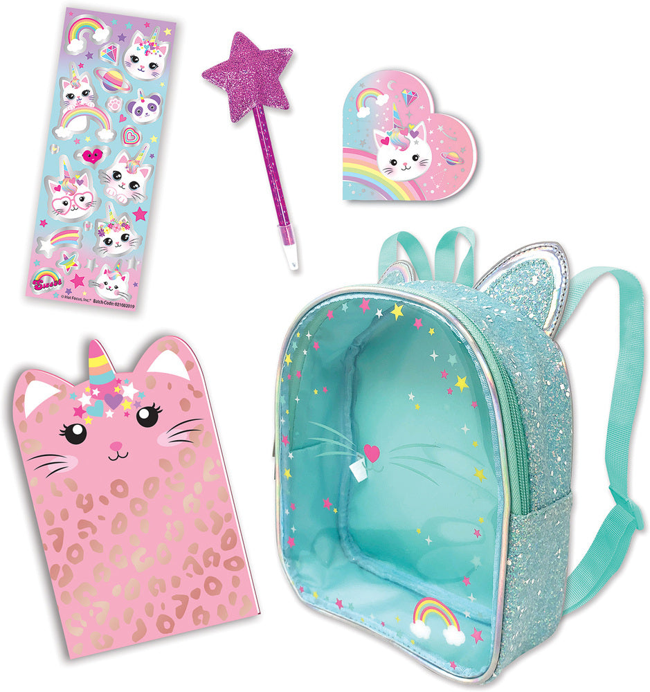 Set of cat-themed school supplies including a backpack, notebook, and star-shaped wand on a white background.