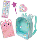 Set of cat-themed school supplies including a backpack, notebook, and star-shaped wand on a white background.