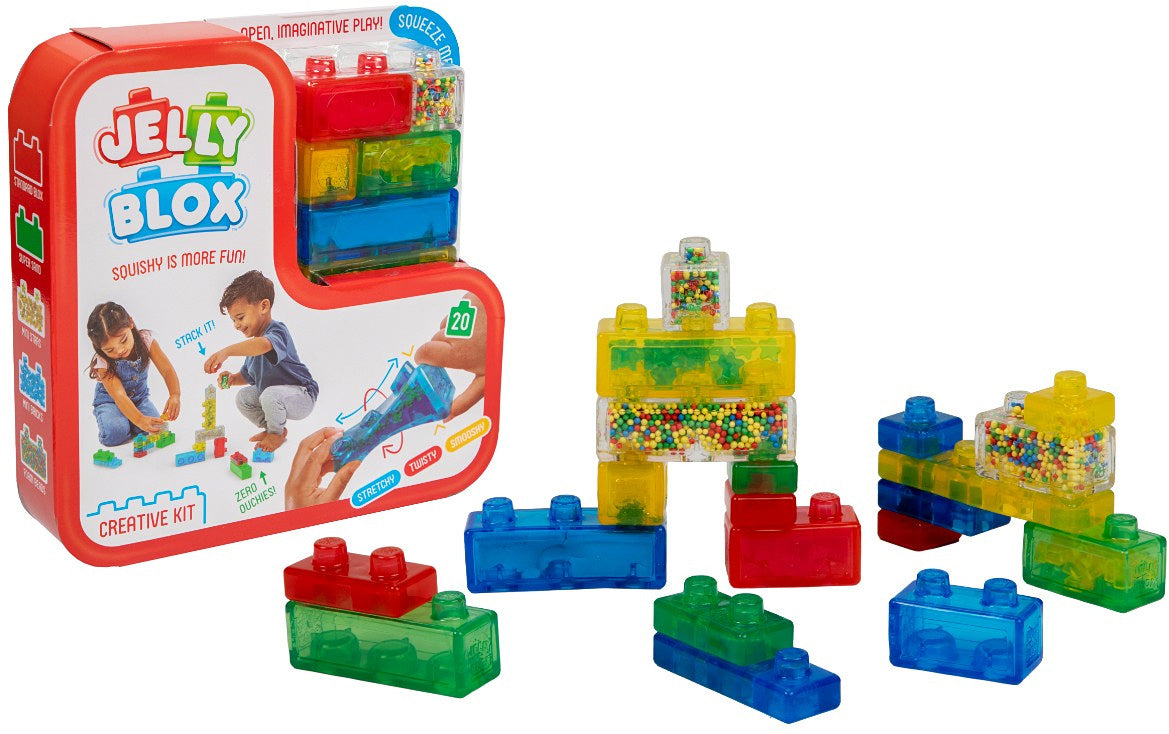 Jelly Blox toy set with colorful building blocks and packaging on a white background