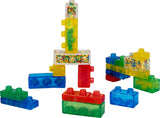 Colorful building blocks with transparent sections filled with multicolored beads on a white background