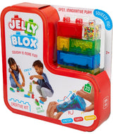 Jelly Blox toy packaging with colorful building blocks and children playing.