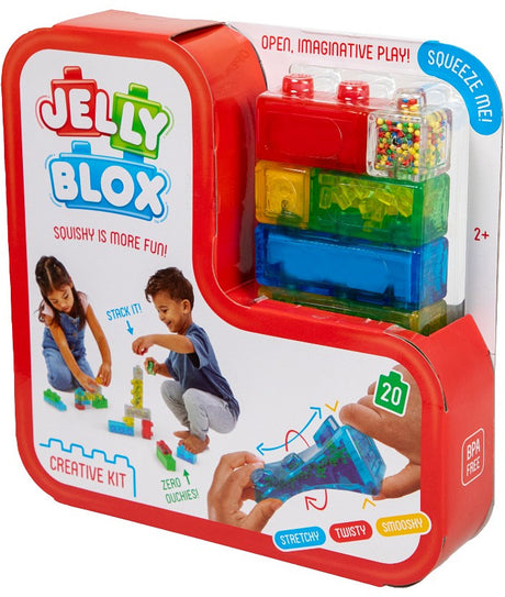 Jelly Blox toy packaging with colorful building blocks and children playing.