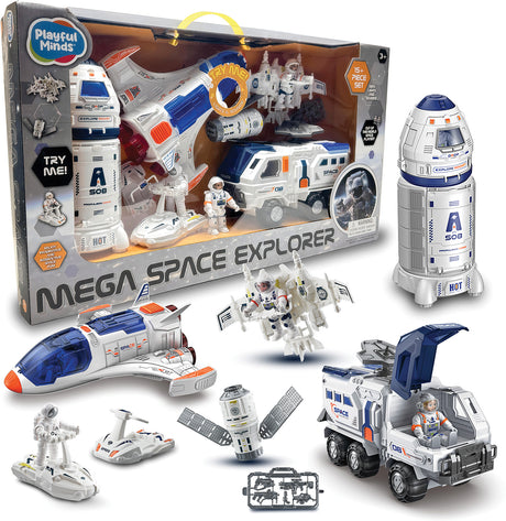 Mega Space Explorer toy set with packaging and various space-themed toys on a white background