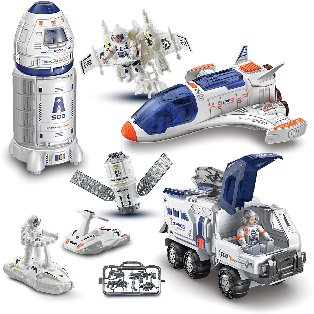 Mega Space Explorer Set toys including a rocket, spaceship, and vehicle on a white background