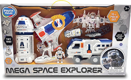 Mega Space Explorer toy set packaging with various space-themed toys on a brown background.