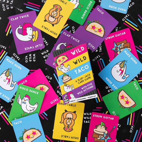 Collection of Wild Wild Taco Card Game game cards with various illustrations on a black background.