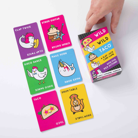 Wild Wild Taco Card Game packaging with colorful cards featuring cartoon characters on a white background
