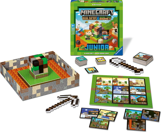 Minecraft Junior board game set with pieces and instructions on a white background