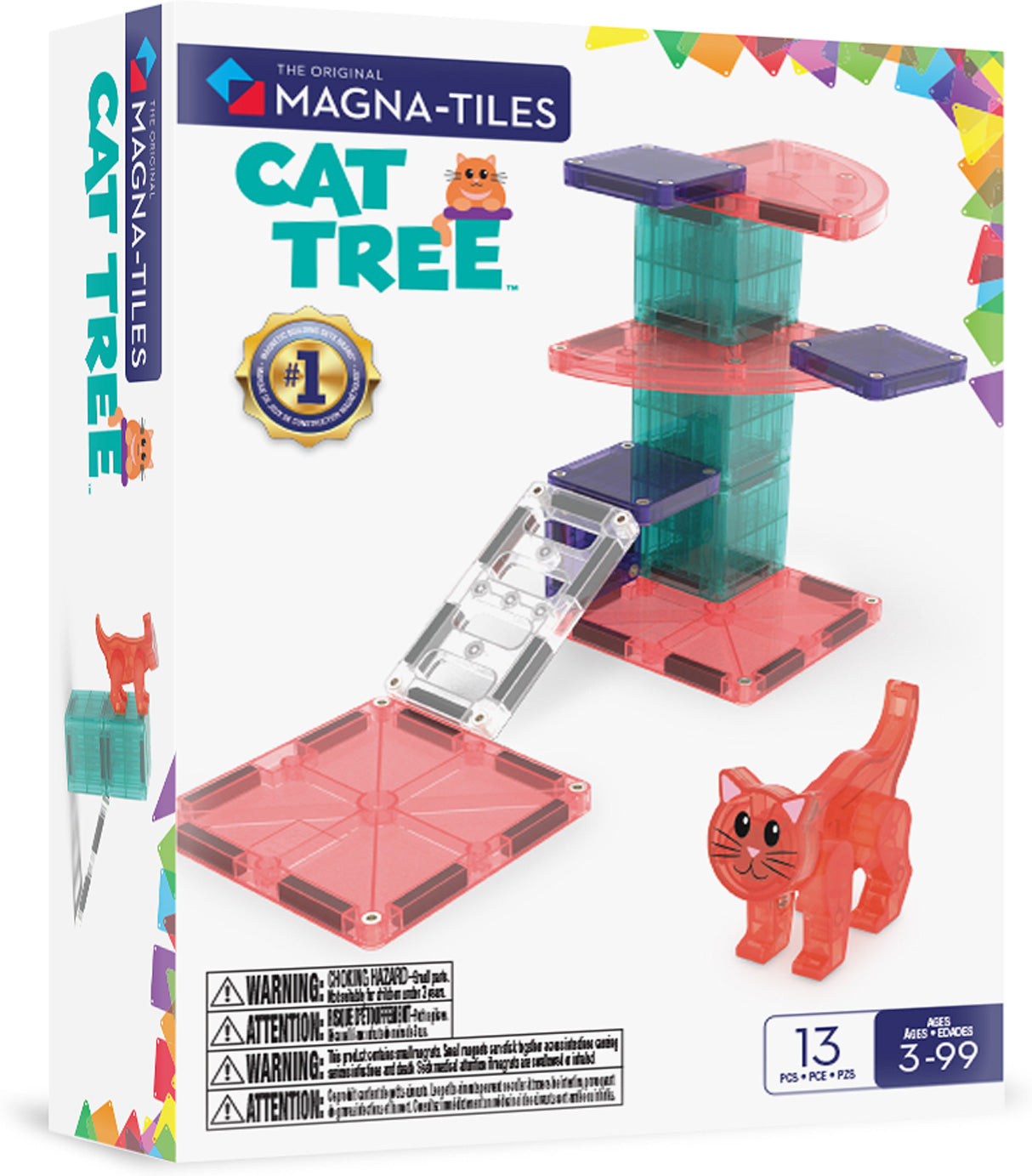 Magna-Tiles Cat Tree toy set packaging with colorful components and a cat figure on a white background.