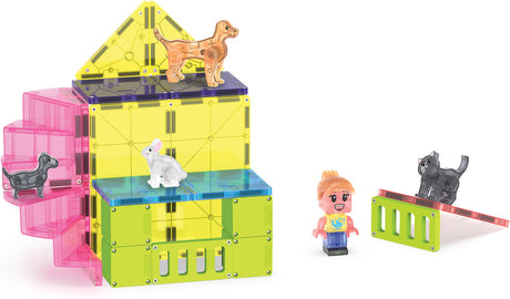 Magna-Tiles Pet Playhouse 50 Piece Set with colorful building blocks and small figures on a white background