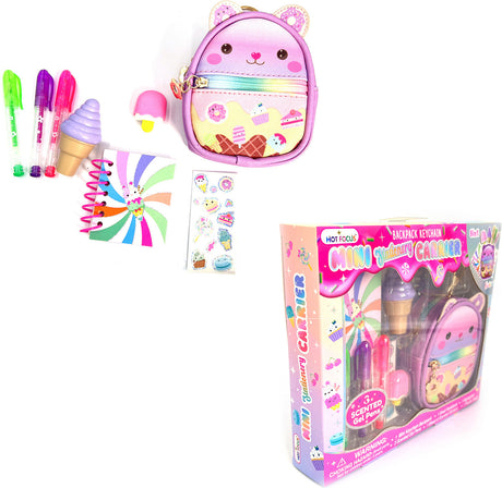 Colorful stationery set with a small backpack, pens, stickers, and a windmill, displayed with packaging.