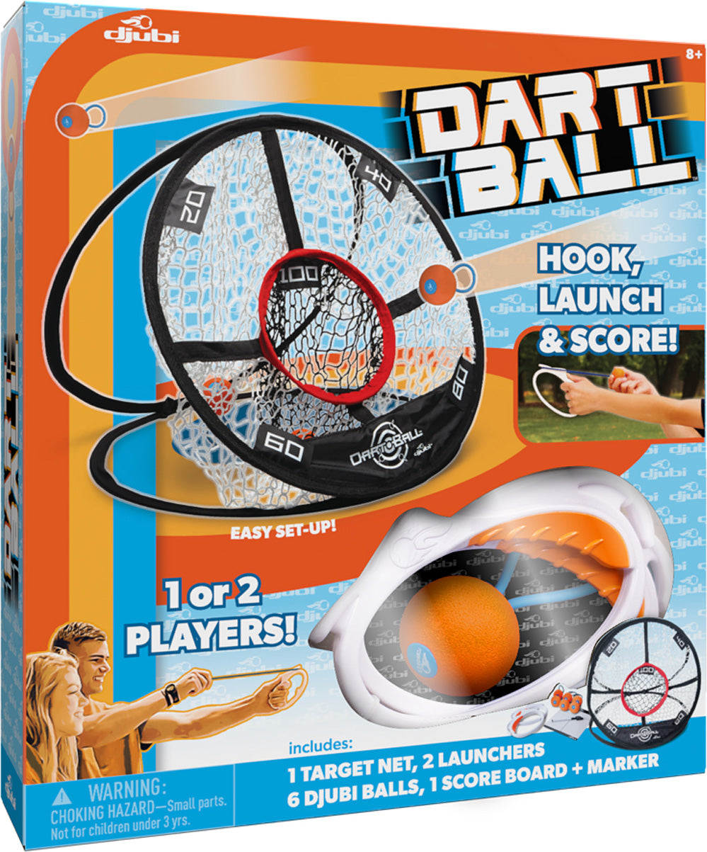 Dart Ball game packaging with target and launchers on an orange, blue, and white background.