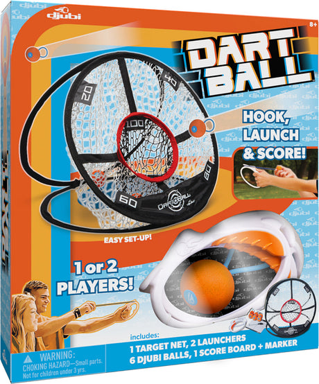 Dart Ball game packaging with target and launchers on an orange, blue, and white background.
