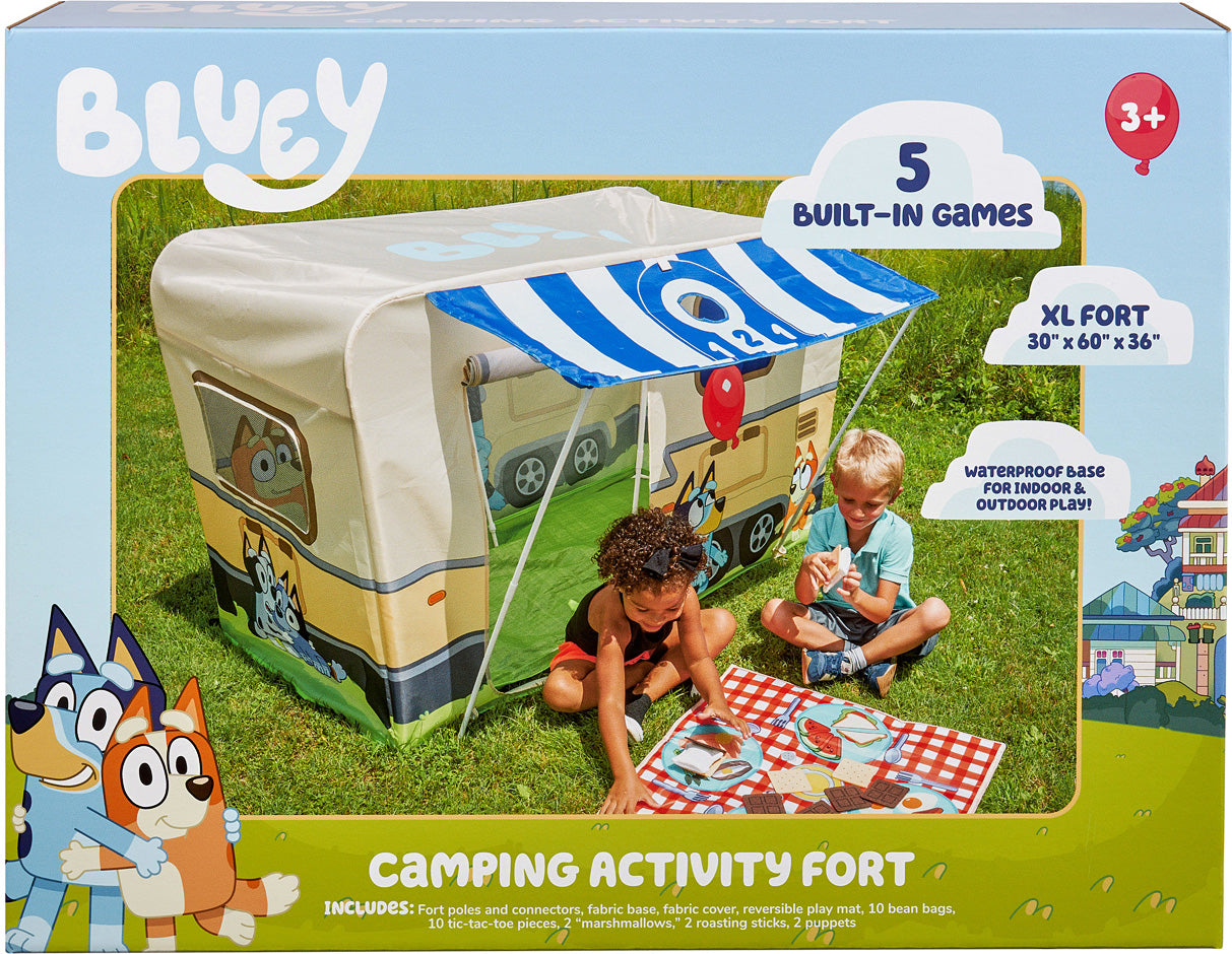 Bluey camping activity fort packaging with children playing outdoors