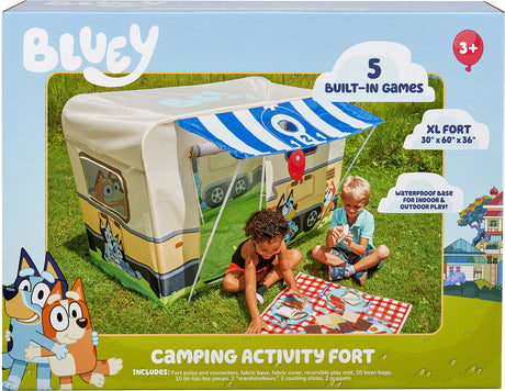 Bluey camping activity fort packaging with children playing outdoors
