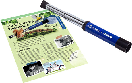 My Discovery Telescope with a leaflet on a white background, featuring Thames & Kosmos branding.