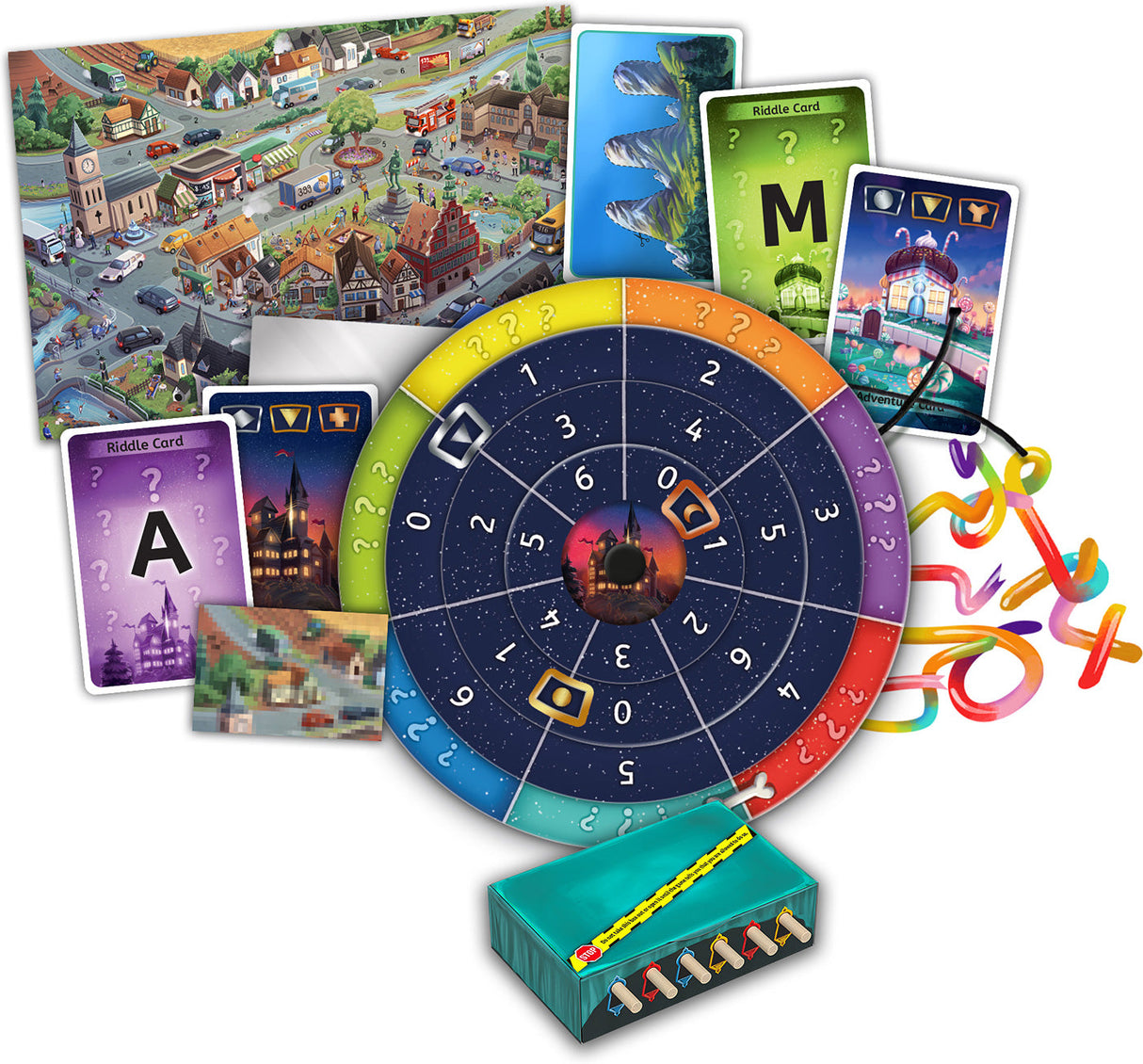 Exit: The Game - Family Edition - 2 Escape Adventures set with colorful spinner, cards, and map on a white background