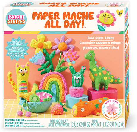 Box of Bright Stripes Paper Mache All Day craft kit with colorful paper mache creations.