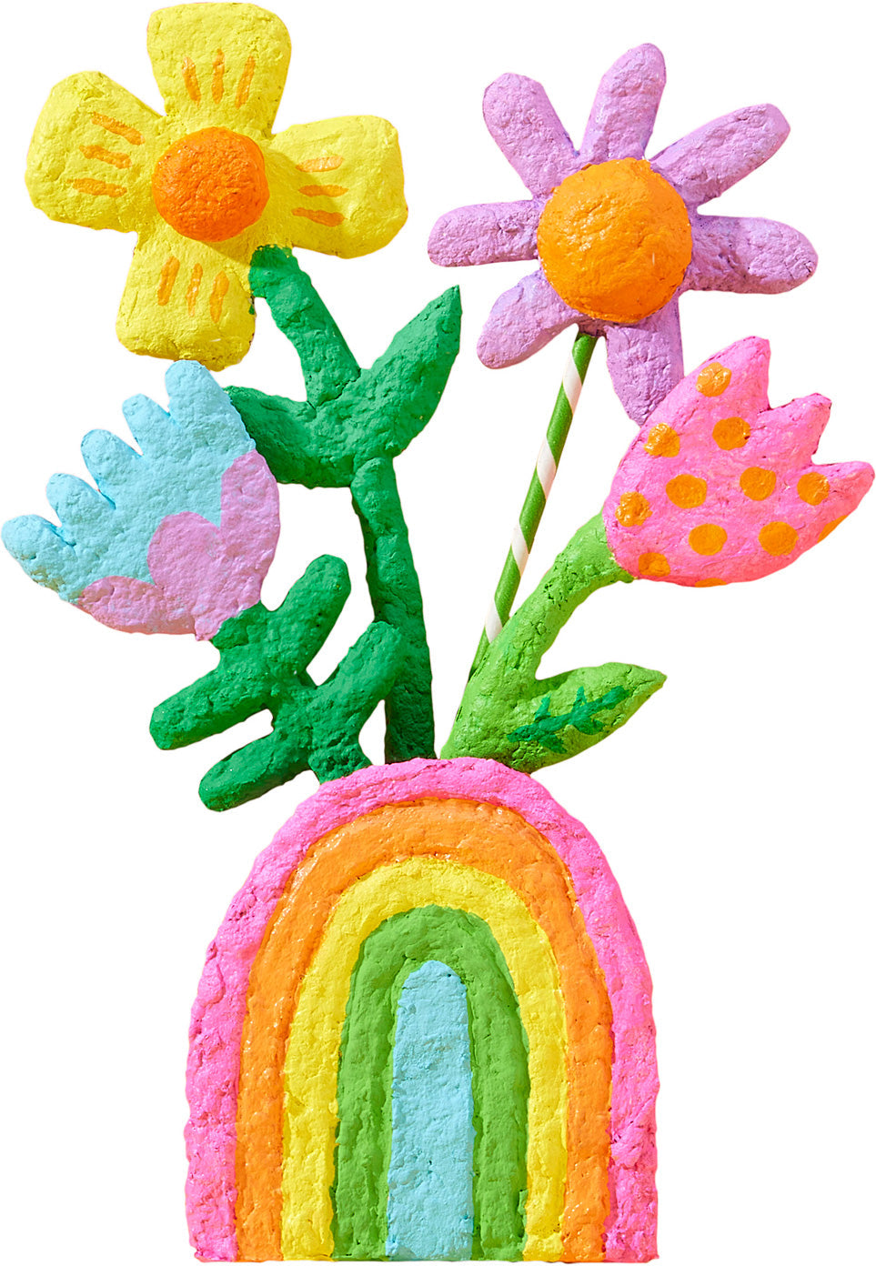 Colorful flowers and rainbow on a white background made with the Paper Mache All Day! kit