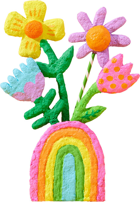 Colorful flowers and rainbow on a white background made with the Paper Mache All Day! kit