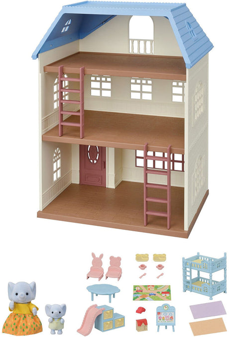 Calico Critters Sky Blue Terrace Gift Set with furniture and accessories on a white background