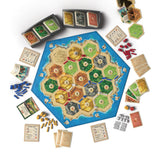 Catan The Game - 6th Edition with hexagonal board and various game pieces on a white background