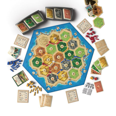 Catan The Game - 6th Edition with hexagonal board and various game pieces on a white background
