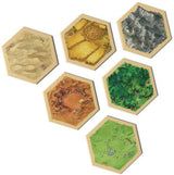 Catan The Game - 6th Edition Hexagonal game tiles with different landscapes on a white background