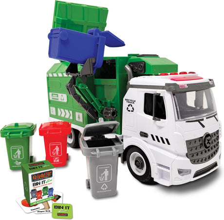 Toy Crazy Truck Recycling Truck with bins and accessories on a white background