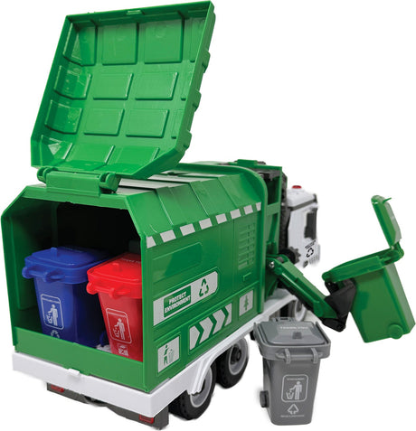Toy Crazy Truck Recycling Truck with open lid and detachable bins on a white background