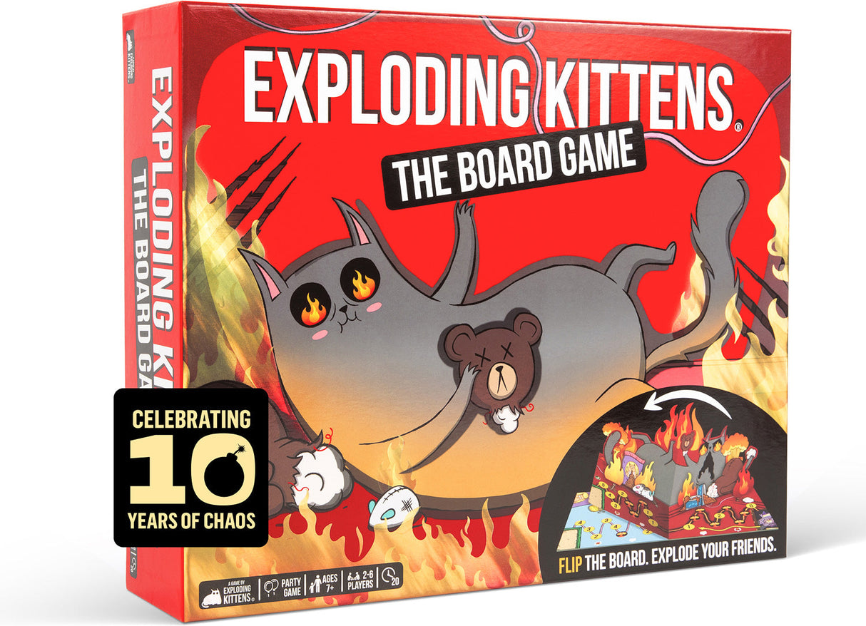 Box of 'Exploding Kittens' board game with a cat illustration on a red background