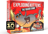 Box of 'Exploding Kittens' board game with a cat illustration on a red background