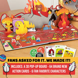 Exploding Kittens The Board Game with 3D pop-up board and action cards on a wooden surface.