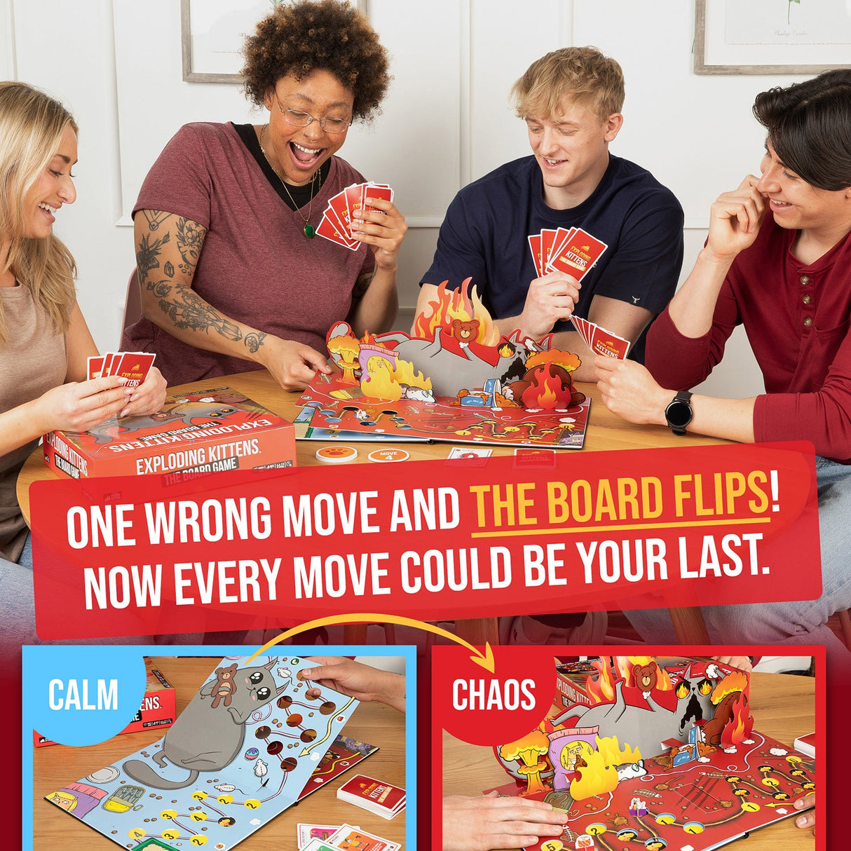 People playing Exploding Kittens The Board Game with text about game dynamics