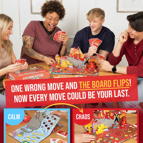 People playing Exploding Kittens The Board Game with text about game dynamics