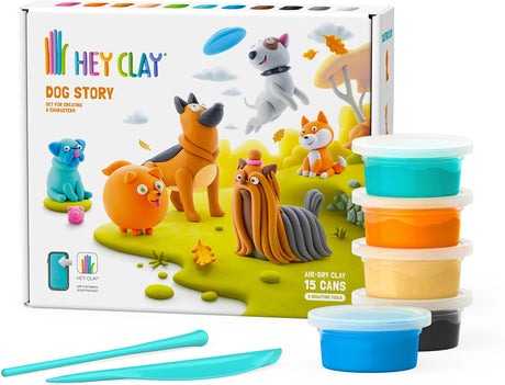 Hey Clay dog-themed air-dry clay set with packaging and clay containers on a white background