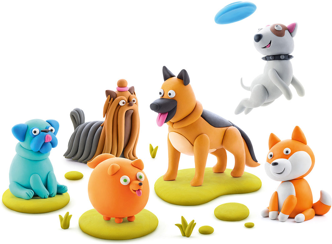 Hey Clay Dog Story colorful dog figurines on a white background