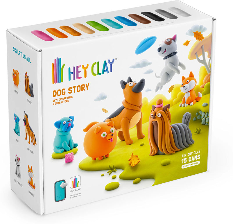Box of Hey Clay dog-themed modeling clay set with colorful clay figures on a white background