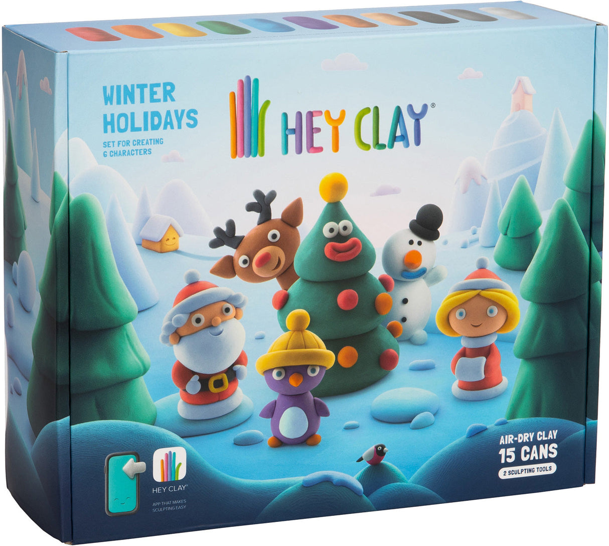 Box of Hey Clay air-dry clay set with winter holiday-themed figures and scenery.