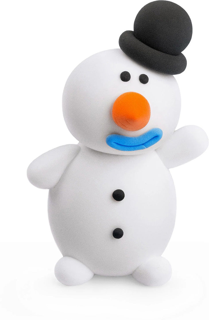 Hey Clay Winter Holidays , White snowman figurine with a black top hat, orange nose, and blue scarf on a white background