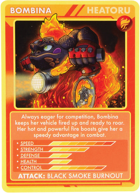 Doteki Multiplayer Battle Pack Card featuring a character named Bombina with fiery design and text about her abilities.