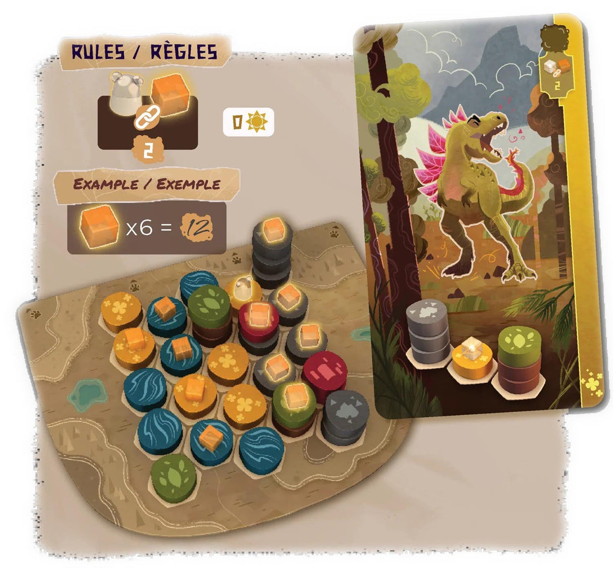Harmonies Board Game components including a dinosaur illustration card and colorful game pieces on a beige mat.