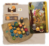 Harmonies Board Game components including a dinosaur illustration card and colorful game pieces on a beige mat.
