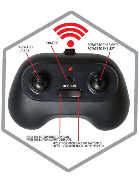 Black remote control with labeled buttons on a white background for Inflatable Dinosaur RC