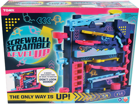 Toy box packaging for 'Screwball Scramble Level Up' by Tomy with colorful maze design.